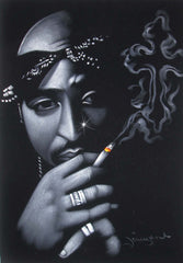 Tupac Shakur portrait; 2Pac  ; Smoke cross;  Original Oil painting on Black Velvet by Zenon Matias Jimenez- #JM73