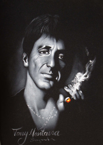 Tony Montana portrait; Al Pacino; Scarface; Original Oil painting on Black Velvet by Zenon Matias Jimenez- #JM79