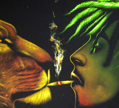 Bob Marley and lion smoking,  reggae colors ; Original Oil painting on Black Velvet by Zenon Matias Jimenez- #JM81