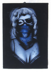 Marilyn Monroe; Calavera day of the dead portrait; Blue Scarf bandana; Eye patch; Original Oil painting on Black Velvet by Zenon Matias Jimenez- #JM83