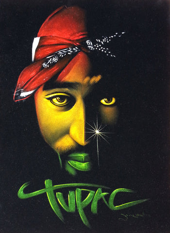 Tupac Shakur portrait; 2Pac  ; Rastafarian colors; Original Oil painting on Black Velvet by Zenon Matias Jimenez- #JM84