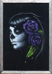 Skull Girl portrait;  Purple rose; Day of the Dead ; Calavera; Original Oil painting on Black Velvet by Zenon Matias Jimenez- #JM95