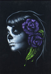 Skull Girl portrait;  Purple rose; Day of the Dead ; Calavera; Original Oil painting on Black Velvet by Zenon Matias Jimenez- #JM95