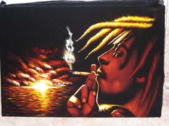 Bob Marley with sunset ; Smokes; Jamaican reggae singer ; Original Oil painting on Black Velvet by Zenon Matias Jimenez- #JM09