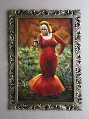 Divine In Pink Flamingos portrait red dress John Waters Oil Painting Canvas size 36"x24" by Palomares PM57