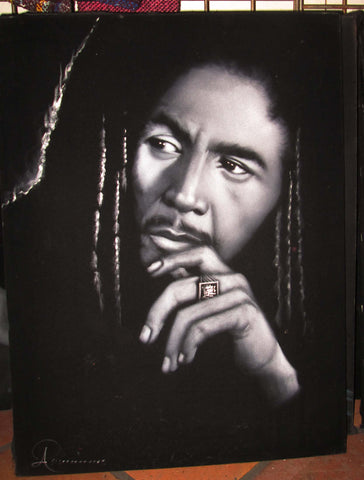 Bob Marley Portrait, Legend Album,  Oil Painting Portrait on Black Velvet; Original Oil painting on Black Velvet by Arturo Ramirez - #R13