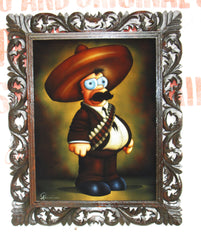 Homer Simpson as Emiliano Zapata portrait,  Oil Painting Portrait on Black Velvet; Original Oil painting on Black Velvet by Arturo Ramirez - #R1