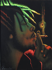 Bob Marley Portrait in Rasta colors,  Oil Painting Portrait on Black Velvet; Original Oil painting on Black Velvet by Arturo Ramirez - #R4