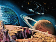 Diptych (2 PAINTINGS )- Planetary Space Meteor Panoramic Original Oil Painting Black Velvet px SA179