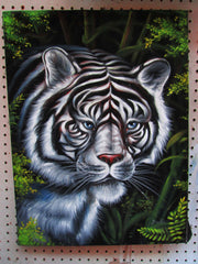 White tiger portrait ; Original Oil painting on Black Velvet by Santos Llamas- #SA35