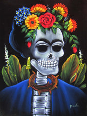 Calavera de Frida Kahlo; Original Oil painting on Black Velvet by Santos Llamas- #SA36