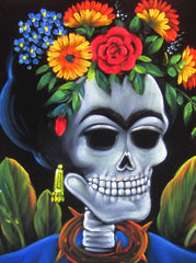 Calavera de Frida Kahlo; Original Oil painting on Black Velvet by Santos Llamas- #SA36
