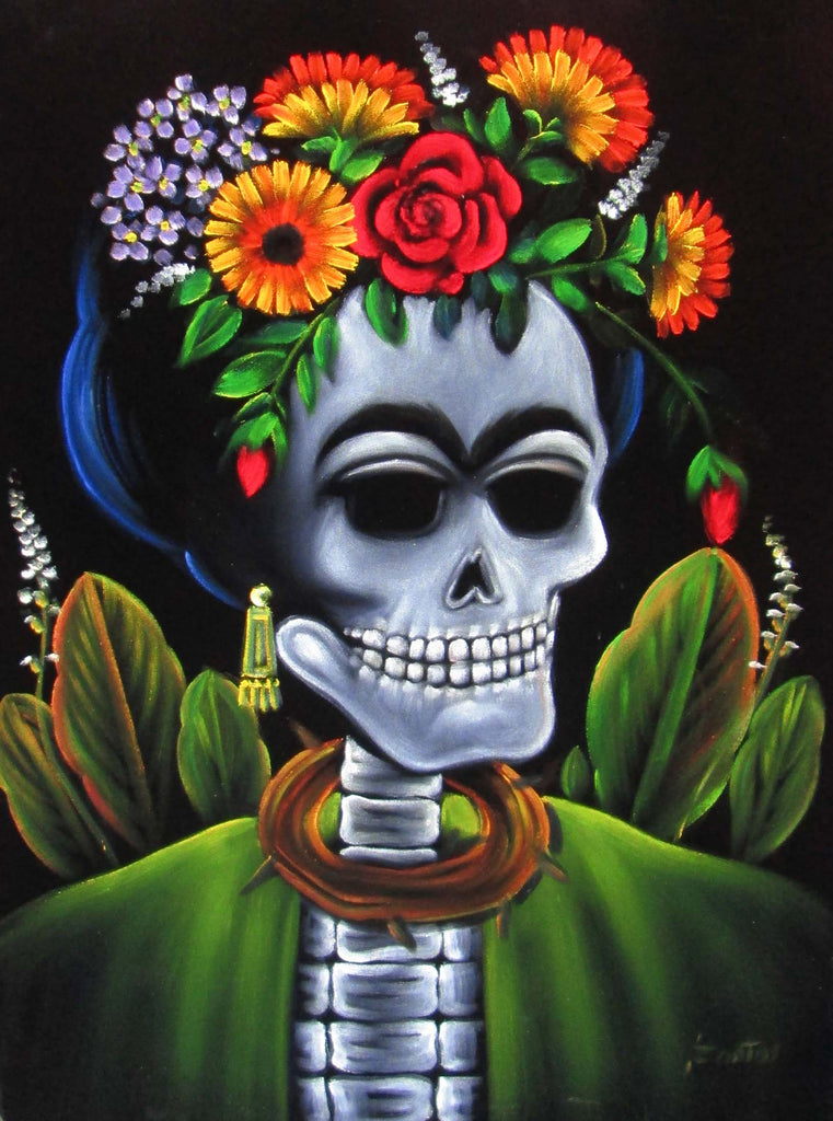 Calavera de Frida Kahlo; Original Oil painting on Black Velvet by Santos Llamas- #SA37