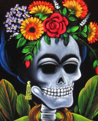 Calavera de Frida Kahlo; Original Oil painting on Black Velvet by Santos Llamas- #SA37