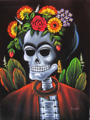 Calavera de Frida Kahlo; Original Oil painting on Black Velvet by Santos Llamas- #SA38