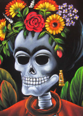 Calavera de Frida Kahlo; Original Oil painting on Black Velvet by Santos Llamas- #SA38