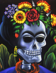 Calavera de Frida Kahlo; Original Oil painting on Black Velvet by Santos Llamas- #SA39