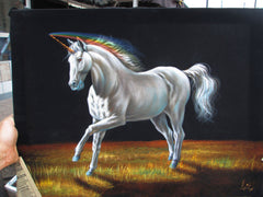 Unicorn,  White magical rainbow Unicorn, Original Oil Painting on Black Velvet by Enrique Felix , "Felix" - #F143