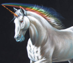Unicorn,  White magical rainbow Unicorn, Original Oil Painting on Black Velvet by Enrique Felix , "Felix" - #F143