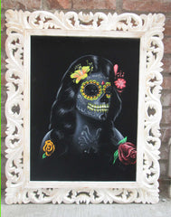 Sugar Skull fluorescent Face paint girl, Day of the Dead (Día de los Muertos), Original Oil Painting on Black Velvet by Enrique Felix , "Felix" - #F155