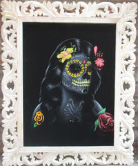 Sugar Skull fluorescent Face paint girl, Day of the Dead (Día de los Muertos), Original Oil Painting on Black Velvet by Enrique Felix , "Felix" - #F155