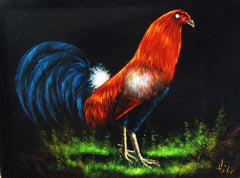 Rooster, Red and Blue Mexican Cock,  Original Oil Painting on Black Velvet by Enrique Felix , "Felix" - #F159