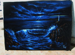 Lighthouse and Storm, Seascape,  Original Oil Painting on Black Velvet by Enrique Felix , "Felix" - #F161