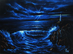 Lighthouse and Storm, Seascape,  Original Oil Painting on Black Velvet by Enrique Felix , "Felix" - #F161