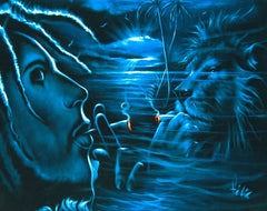 Bob Marley and Lion  Smoking,  Original Oil Painting on Black Velvet by Enrique Felix , "Felix" - #F59