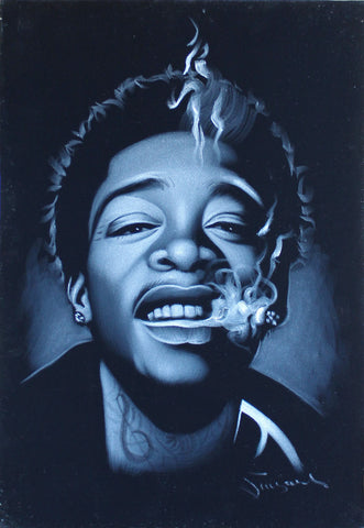 Wiz Khalifa portrait; rapper; Cameron Jibril Thomaz;  Original Oil painting on Black Velvet by Zenon Matias Jimenez- #JM114