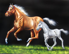 Mare and Colt or filly in grass; Original Oil Painting on Black Velvet ;  by Jorge Terrones -(size 18"x24")-p1 J164
