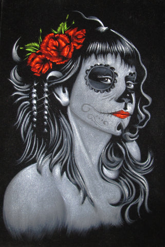 Sugar Skull Girl portrait;  Day of the Dead ; Calavera; Original Oil painting on Black Velvet by Zenon Matias Jimenez- #JM109