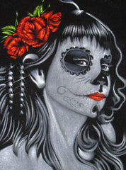 Sugar Skull Girl portrait;  Day of the Dead ; Calavera; Original Oil painting on Black Velvet by Zenon Matias Jimenez- #JM109