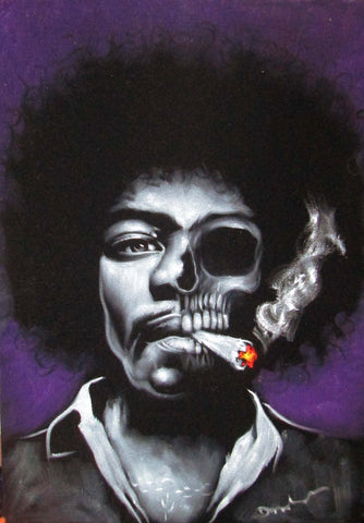 Jimi Hendrix portrait; Calavera Skull; Day of the dead;  Original Oil painting on Black Velvet by Zenon Matias Jimenez- #JM126