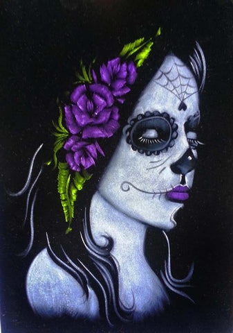Skull Girl portrait;  Purple rose; Day of the Dead ; Calavera; Original Oil painting on Black Velvet by Zenon Matias Jimenez- #JM99