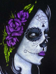 Skull Girl portrait;  Purple rose; Day of the Dead ; Calavera; Original Oil painting on Black Velvet by Zenon Matias Jimenez- #JM99